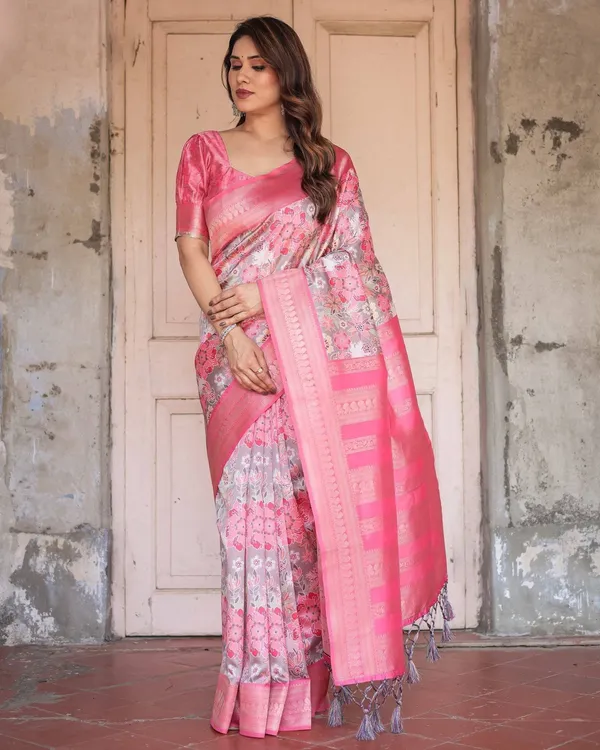 Exquisite_Pink_and_Silver_Banarasi_Silk_Floral_Saree_with_Tassels