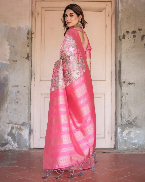 Exquisite_Pink_and_Silver_Banarasi_Silk_Floral_Saree_with_Tassels
