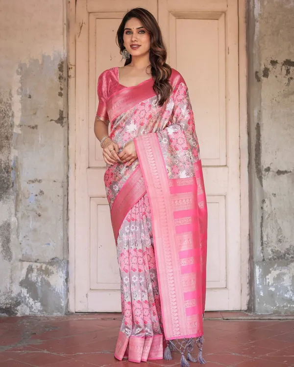 Exquisite_Pink_and_Silver_Banarasi_Silk_Floral_Saree_with_Tassels