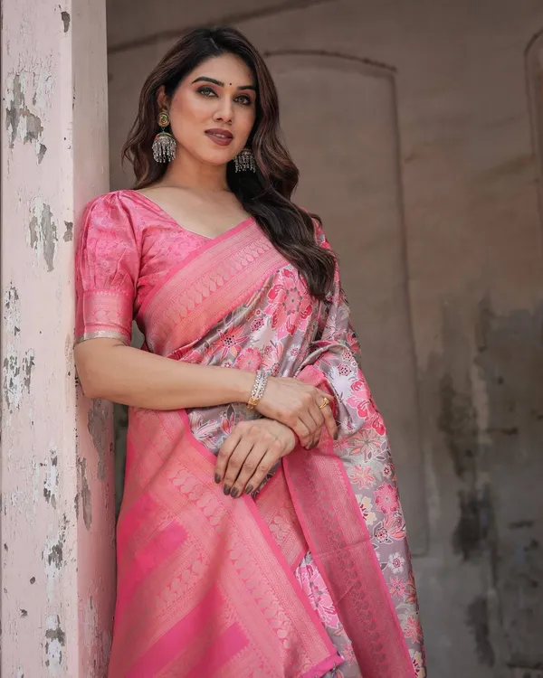 Exquisite_Pink_and_Silver_Banarasi_Silk_Floral_Saree_with_Tassels