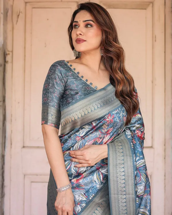 Steel_Blue_Banarasi_Silk_Saree_with_Tropical_Floral_Digital_Print_&_Zari_Border