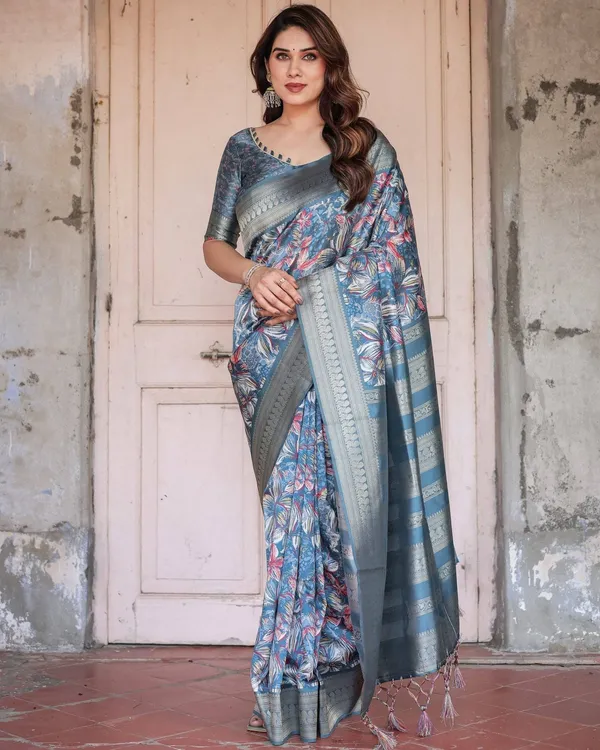 Steel_Blue_Banarasi_Silk_Saree_with_Tropical_Floral_Digital_Print_&_Zari_Border