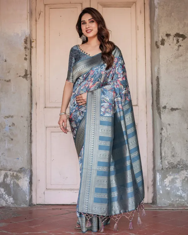 Steel_Blue_Banarasi_Silk_Saree_with_Tropical_Floral_Digital_Print_&_Zari_Border