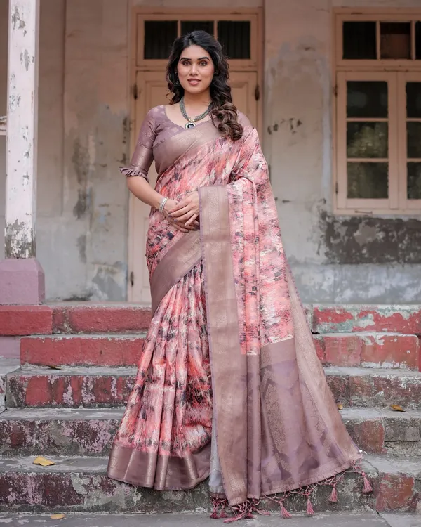 Peach_and_Brown_Abstract_Design_Banarasi_Silk_Saree_with_Zari_Weave_and_Tassel-Embellished_Pallu