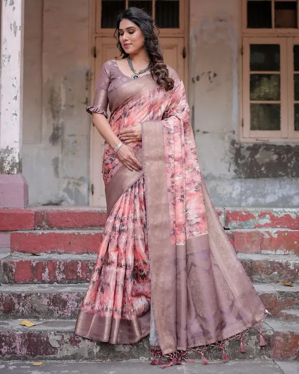 Peach_and_Brown_Abstract_Design_Banarasi_Silk_Saree_with_Zari_Weave_and_Tassel-Embellished_Pallu