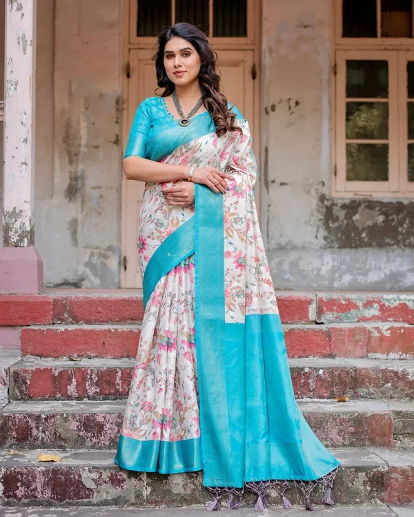 White_and_Aqua_Floral_Design_Banarasi_Silk_Saree_with_Zari_Weave_and_Tassel-Embellished_Pallu