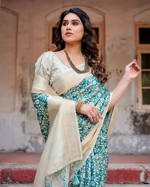 Teal_and_Cream_Floral_Banarasi_Silk_Saree_with_Zari_Weave_and_Tassel-Accented_Pallu