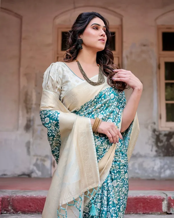 Teal_and_Cream_Floral_Banarasi_Silk_Saree_with_Zari_Weave_and_Tassel-Accented_Pallu