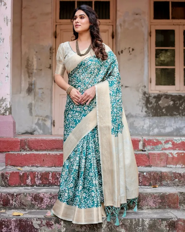 Teal_and_Cream_Floral_Banarasi_Silk_Saree_with_Zari_Weave_and_Tassel-Accented_Pallu