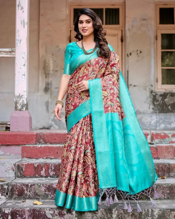 Maroon_and_Teal_Paisley_Design_Banarasi_Silk_Saree_with_Zari_Weave_and_Tassel-Embellished_Pallu
