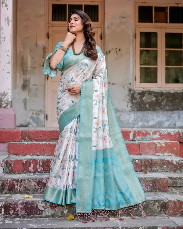 White_and_Aqua_Floral_Digital_Print_Banarasi_Silk_Saree_with_Zari_Weave_and_Tassel-Adorned_Pallu