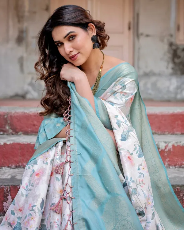White_and_Aqua_Floral_Digital_Print_Banarasi_Silk_Saree_with_Zari_Weave_and_Tassel-Adorned_Pallu