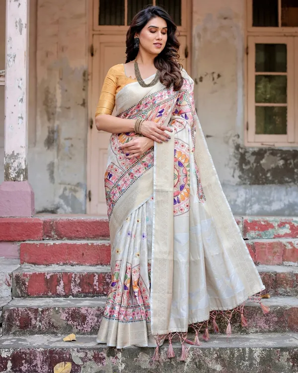 Off-White_and_Multicolor_Mandala_Design_Banarasi_Silk_Saree_with_Zari_Weave_and_Tassel-Adorned_Pallu