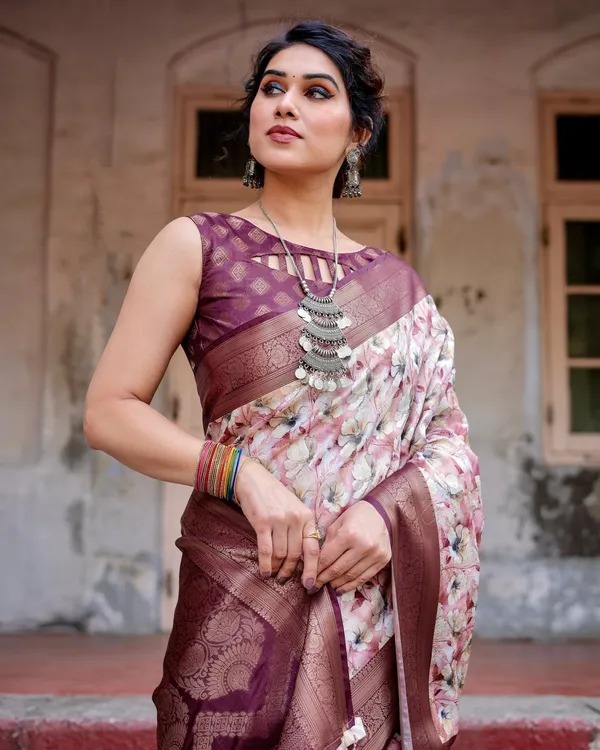 Elegant_Wine_Floral_Banarasi_Silk_Saree_with_Zari_Weave_and_Tassels