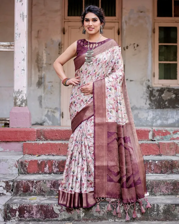 Elegant_Wine_Floral_Banarasi_Silk_Saree_with_Zari_Weave_and_Tassels