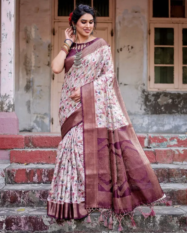 Elegant_Wine_Floral_Banarasi_Silk_Saree_with_Zari_Weave_and_Tassels