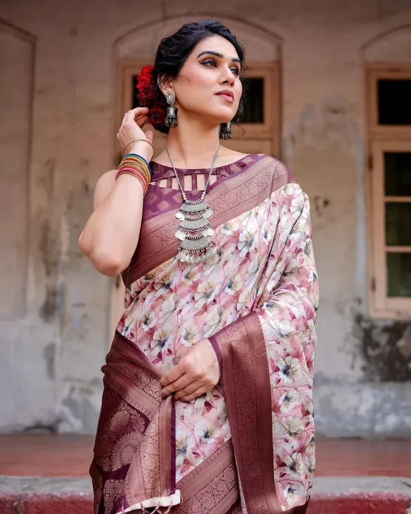Elegant_Wine_Floral_Banarasi_Silk_Saree_with_Zari_Weave_and_Tassels