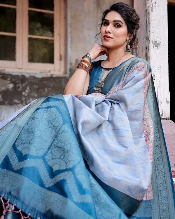 Elegant_Blue_and_Beige_Banarasi_Silk_Saree_with_Ornate_Zari_Weaving_and_Tassels