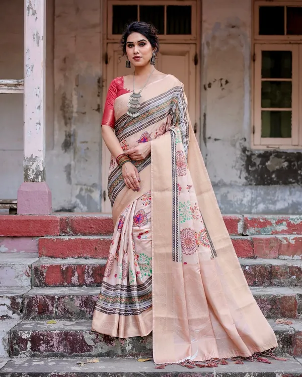 Elegant_Peach_Banarasi_Silk_Saree_with_Multicolor_Embroidery_and_Tassels