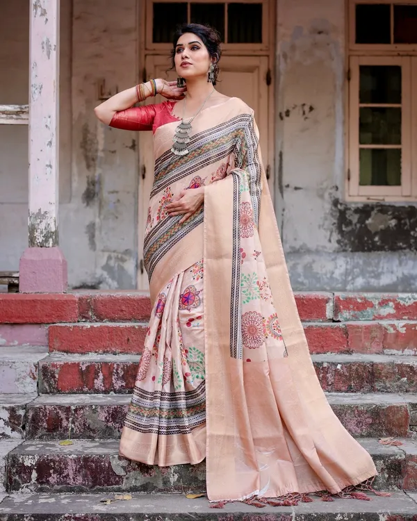 Elegant_Peach_Banarasi_Silk_Saree_with_Multicolor_Embroidery_and_Tassels