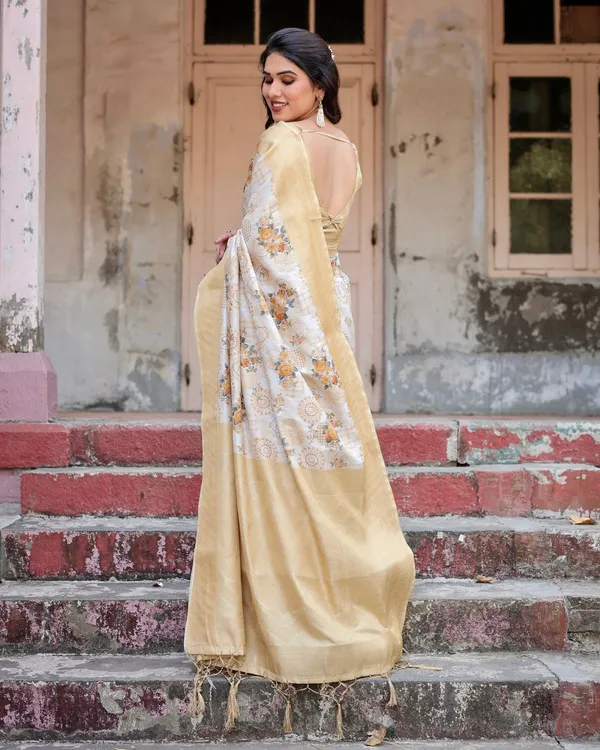Ivory_and_Gold_Banarasi_Silk_Saree_with_Floral_Print,_Zari_Border,_and_Tassels