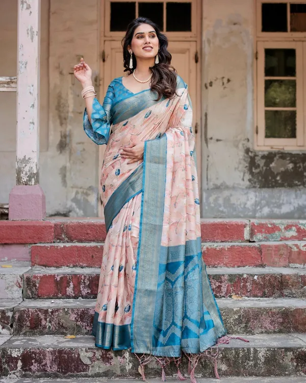 Peach_and_Teal_Floral_Digital_Print_Banarasi_Silk_Saree_with_Zari_Weave_and_Tassel-Adorned_Pallu