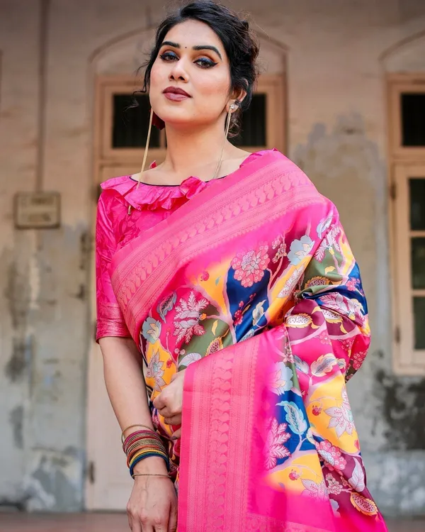 Hot_Pink_Multicolor_Floral_Digital_Printed_Banarasi_Silk_Saree_with_Zari_Woven_Border_and_Solid_Pink_Pallu_-_Includes_Tassels