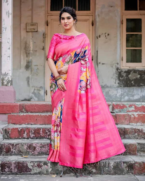 Hot_Pink_Multicolor_Floral_Digital_Printed_Banarasi_Silk_Saree_with_Zari_Woven_Border_and_Solid_Pink_Pallu_-_Includes_Tassels