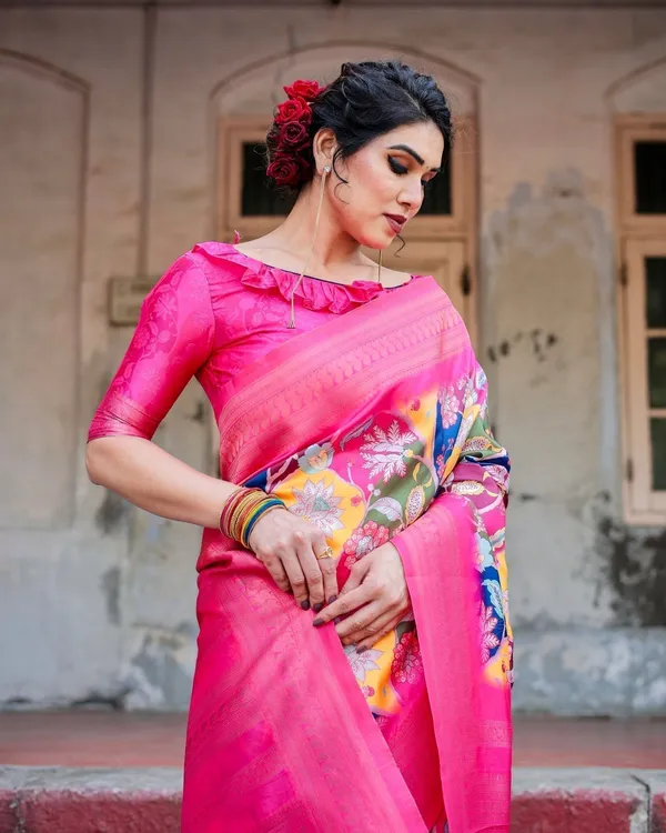 Hot_Pink_Multicolor_Floral_Digital_Printed_Banarasi_Silk_Saree_with_Zari_Woven_Border_and_Solid_Pink_Pallu_-_Includes_Tassels