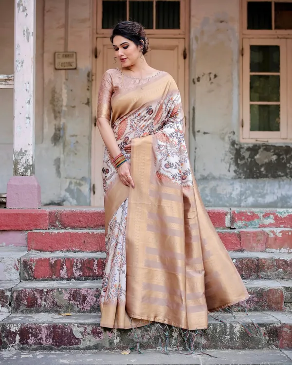 Elegant_Beige_Floral_Banarasi_Silk_Saree_with_Zari_Weave_and_Tassels