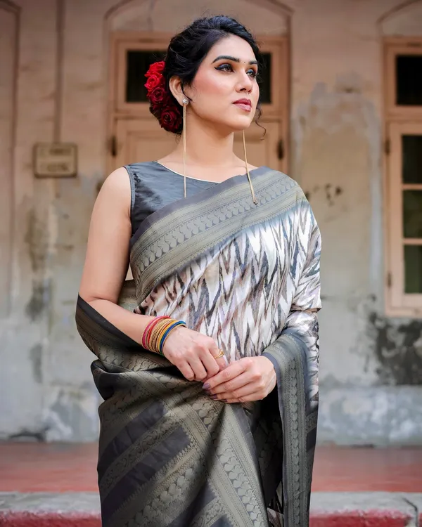 Grey_&_Black_Elegant_Banarasi_Silk_Saree_with_Zari_Weaving_and_Tassels_in_Shades_of_Grey_and_Black