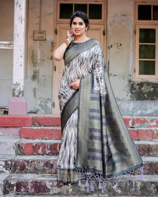 Grey_&_Black_Elegant_Banarasi_Silk_Saree_with_Zari_Weaving_and_Tassels_in_Shades_of_Grey_and_Black