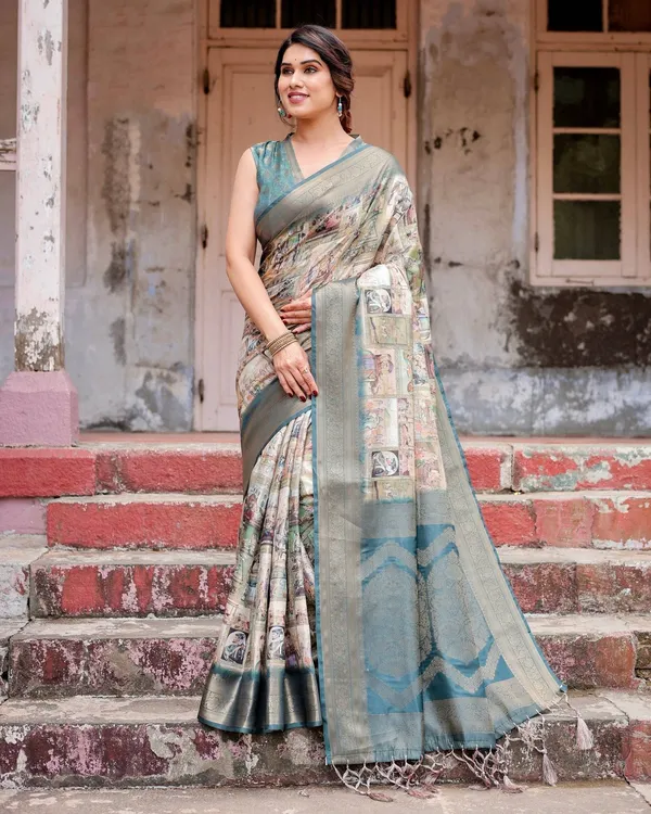 Graceful_Teal_Banarasi_Silk_Saree_with_Digital_Vintage_Prints_and_Zari_Weaving