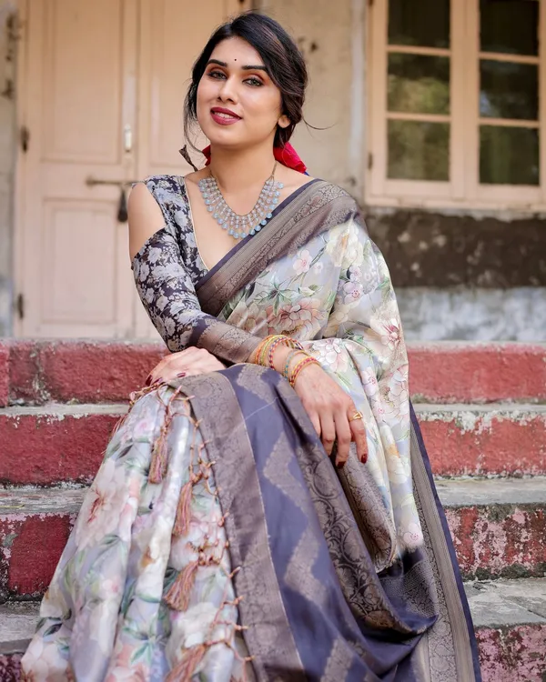 Elegant_Gray_Banarasi_Silk_Saree_with_Navy_Blue_Zari_Weave,_Floral_Design,_and_Tassels