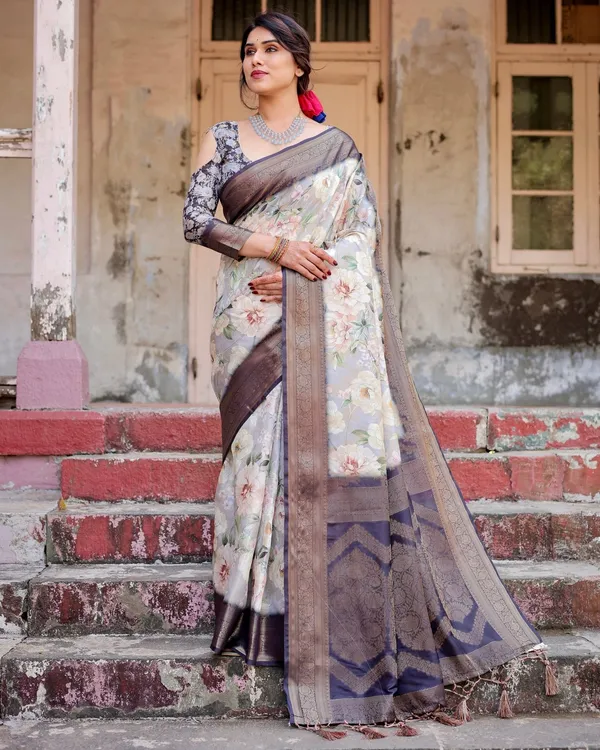 Elegant_Gray_Banarasi_Silk_Saree_with_Navy_Blue_Zari_Weave,_Floral_Design,_and_Tassels