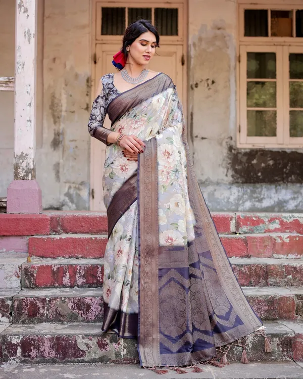 Elegant_Gray_Banarasi_Silk_Saree_with_Navy_Blue_Zari_Weave,_Floral_Design,_and_Tassels