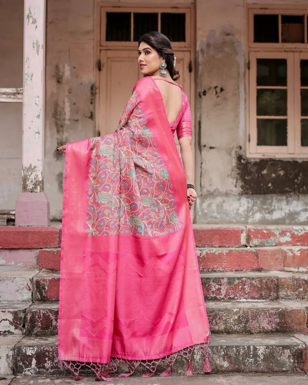 Elegant_Pink_Banarasi_Silk_Saree_with_Paisley_Design,_Zari_Weaving,_and_Tassels