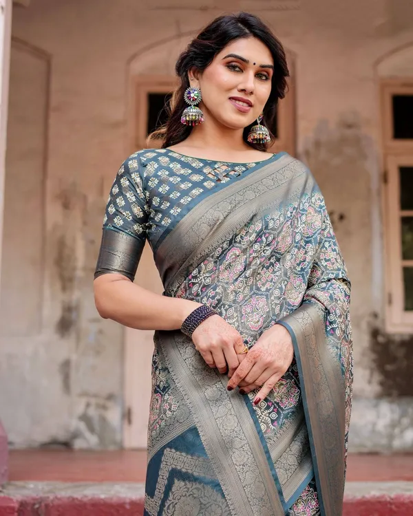 Elegant_Blue_and_Grey_Banarasi_Silk_Saree_with_Intricate_Floral_Patterns,_Zari_Woven_Borders,_and_Tassel_Accents