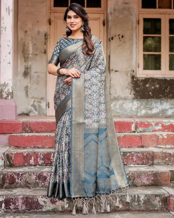 Elegant_Blue_and_Grey_Banarasi_Silk_Saree_with_Intricate_Floral_Patterns,_Zari_Woven_Borders,_and_Tassel_Accents
