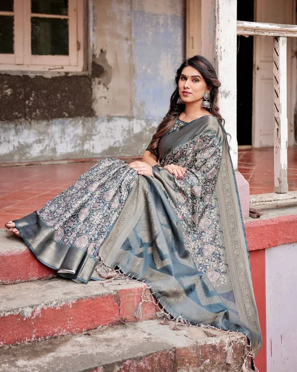 Elegant_Blue_and_Grey_Banarasi_Silk_Saree_with_Intricate_Floral_Patterns,_Zari_Woven_Borders,_and_Tassel_Accents
