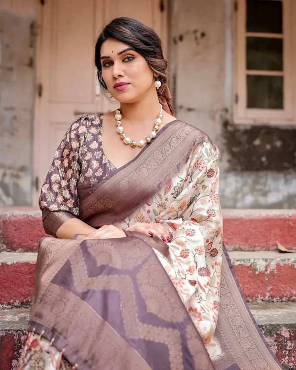 Ivory_Banarasi_Silk_Saree_with_Plum_Zari_Border,_Floral_Print,_and_Tassels