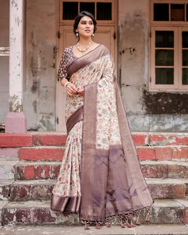 Ivory_Banarasi_Silk_Saree_with_Plum_Zari_Border,_Floral_Print,_and_Tassels