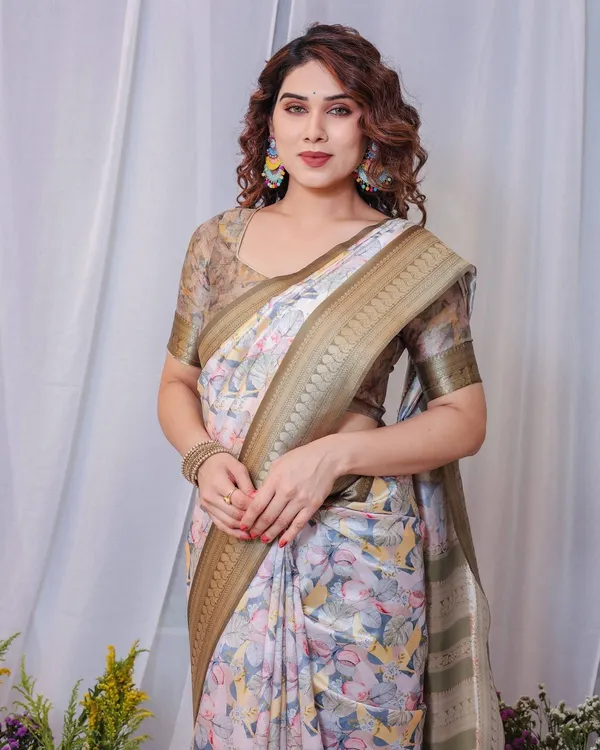 Sophisticated_White_and_Olive_Floral_Digital_Print_Silk_Saree_with_Zari_Tassels