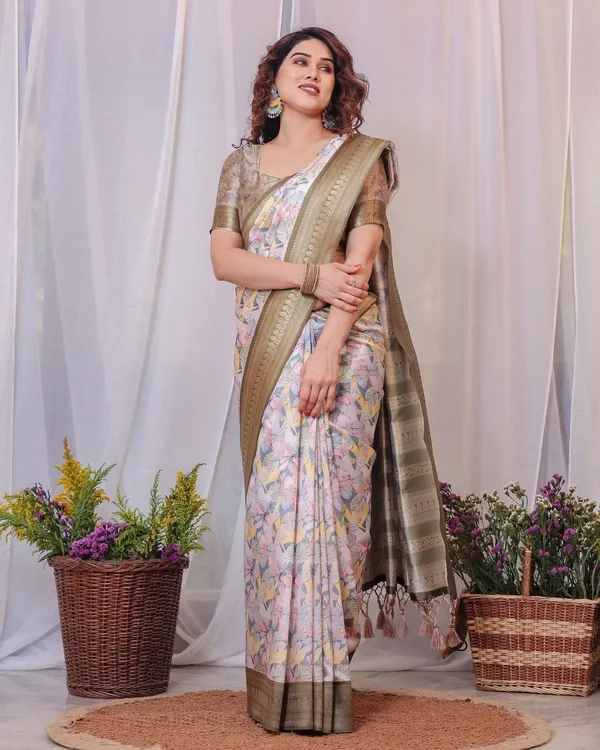 Sophisticated_White_and_Olive_Floral_Digital_Print_Silk_Saree_with_Zari_Tassels