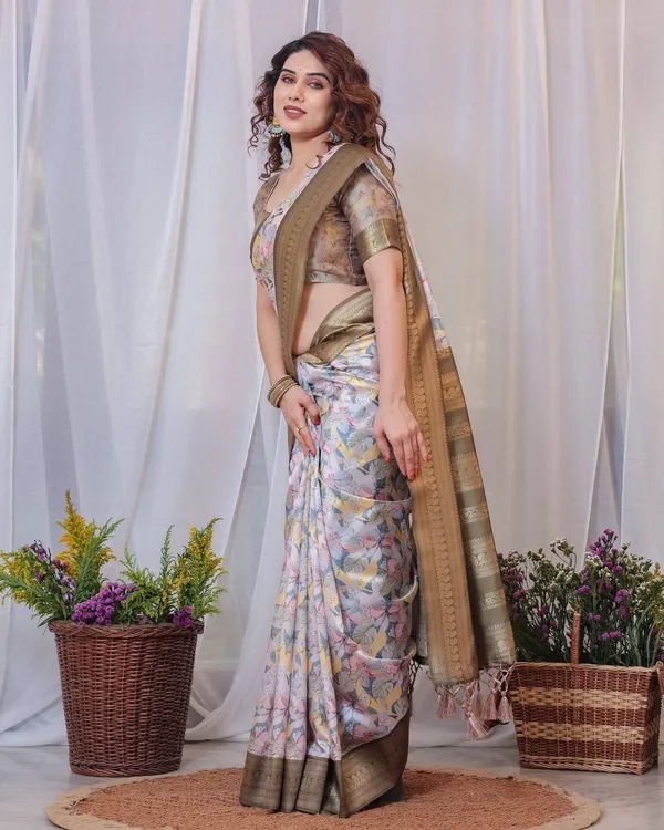 Sophisticated_White_and_Olive_Floral_Digital_Print_Silk_Saree_with_Zari_Tassels
