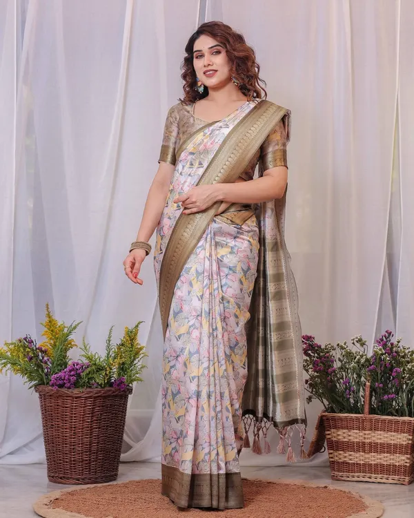 Sophisticated_White_and_Olive_Floral_Digital_Print_Silk_Saree_with_Zari_Tassels