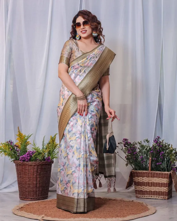 Sophisticated_White_and_Olive_Floral_Digital_Print_Silk_Saree_with_Zari_Tassels