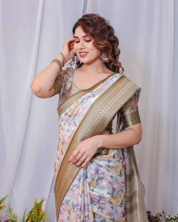 Sophisticated_White_and_Olive_Floral_Digital_Print_Silk_Saree_with_Zari_Tassels