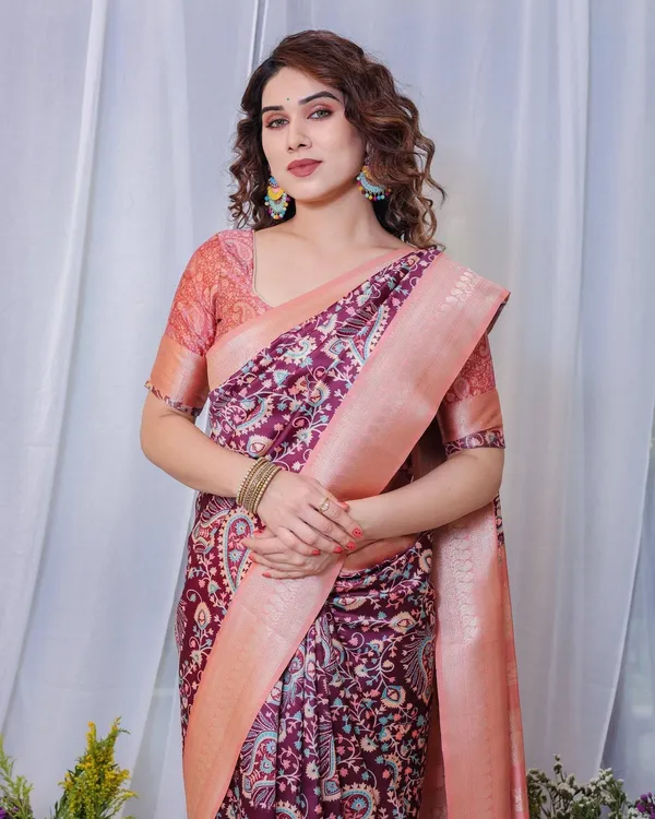 Regal_Maroon_and_Peach_Banarasi_Silk_Saree_with_Delicate_Tassels