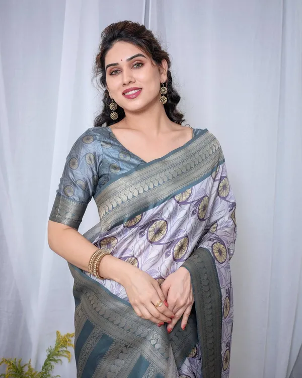 Graceful_Banarasi_Digitally_Printed_Silk_Saree_in_Silver_and_Teal_with_Zari_Work_and_Tassels